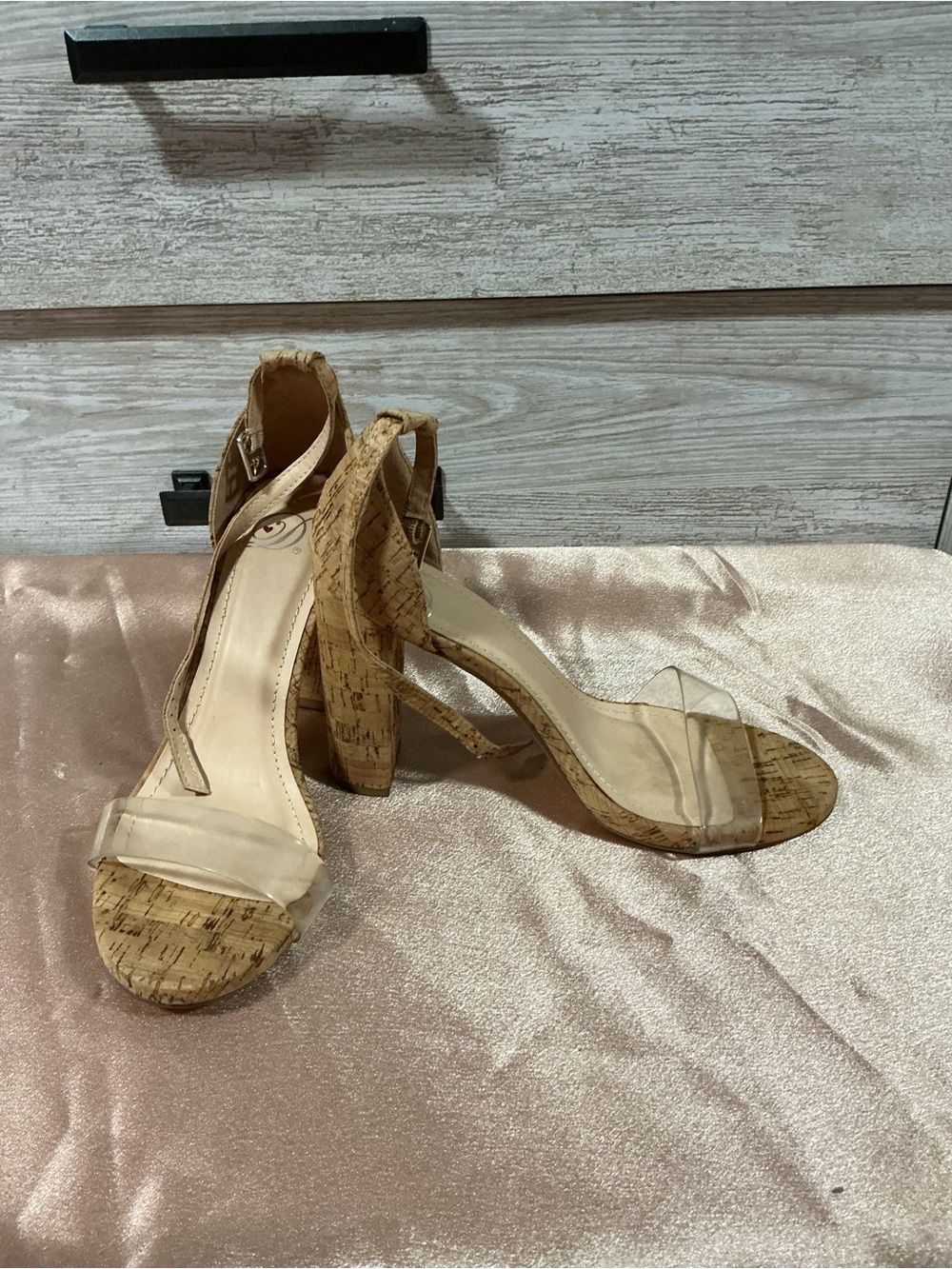 Cork Block Heel Sandals with Clear Straps - Nude